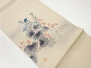 作家物　塩瀬手描き草花模様名古屋帯